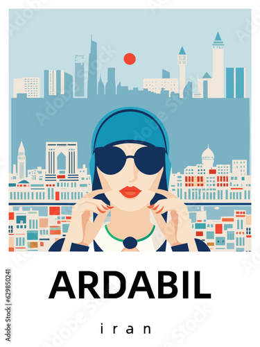 Ardabil: Flat design tourism poster with a cityscape of Ardabil (Iran) photo