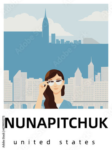 Nunapitchuk: Flat design tourism poster with a cityscape of Nunapitchuk (United States)