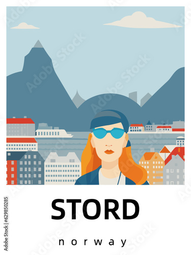 Stord: Flat design tourism poster with a cityscape of Stord (Norway) photo