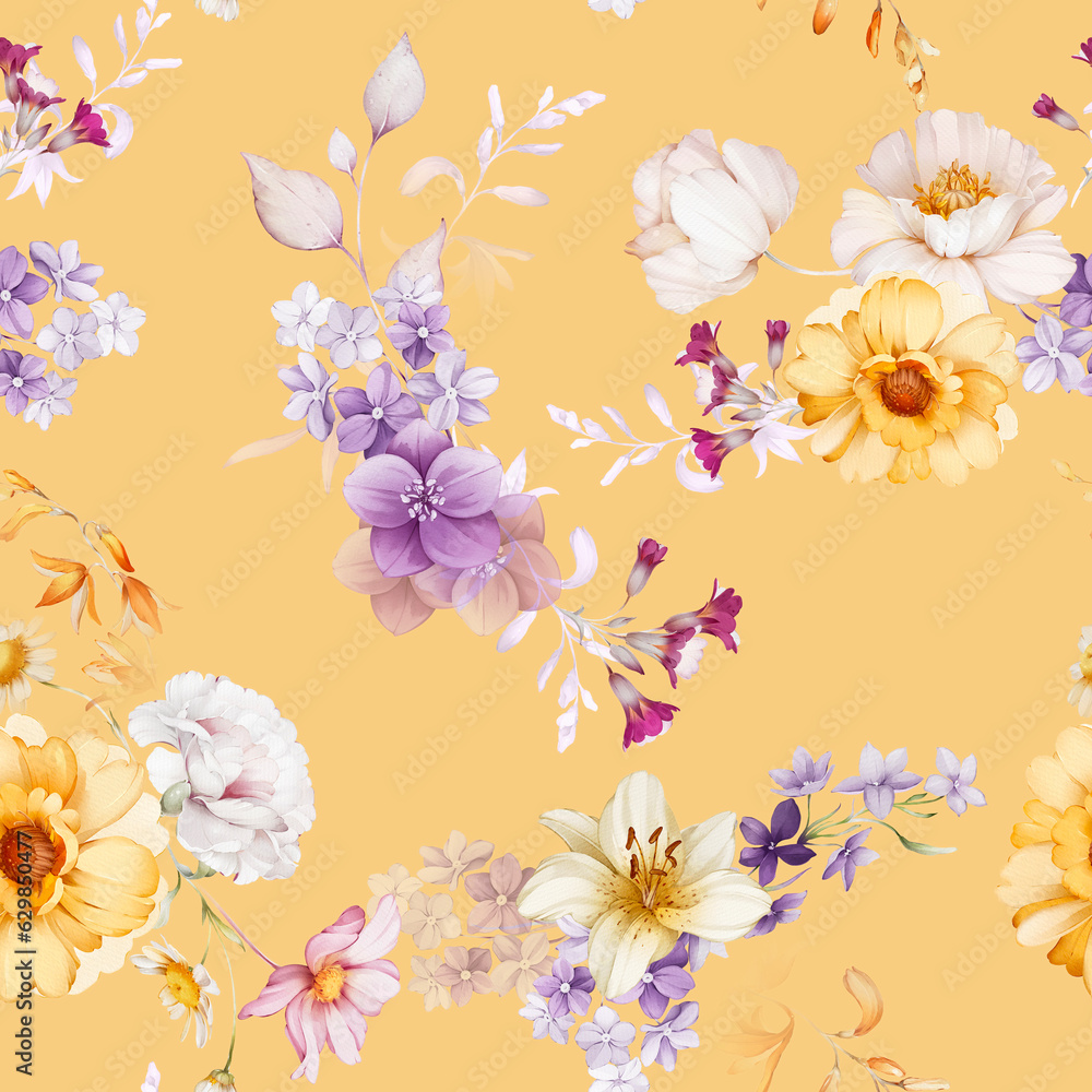 Seamless pattern with wildflowers in a watercolor style. Summer bouquet