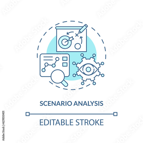 2D editable scenario analysis blue thin line icon concept, isolated vector, illustration representing overproduction.