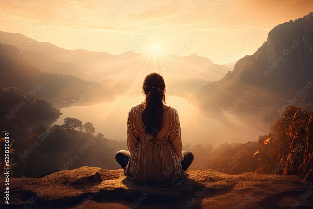 Woman meditating on sunset background and nature. AI Generated.