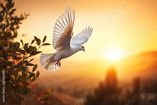 White dove free flying on sunrise and olive tree background. AI Generated.
