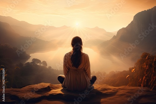 Woman meditating on sunset background and nature. AI Generated.