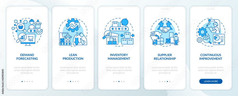 2D blue icons representing overproduction mobile app screen set. Walkthrough 5 steps graphic instructions with thin line icons concept, UI, UX, GUI template. 2D blue icons representing overproduction mobile app screen set. Walkthrough 5 steps graphic instructions with thin line icons concept, UI, UX, GUI template.