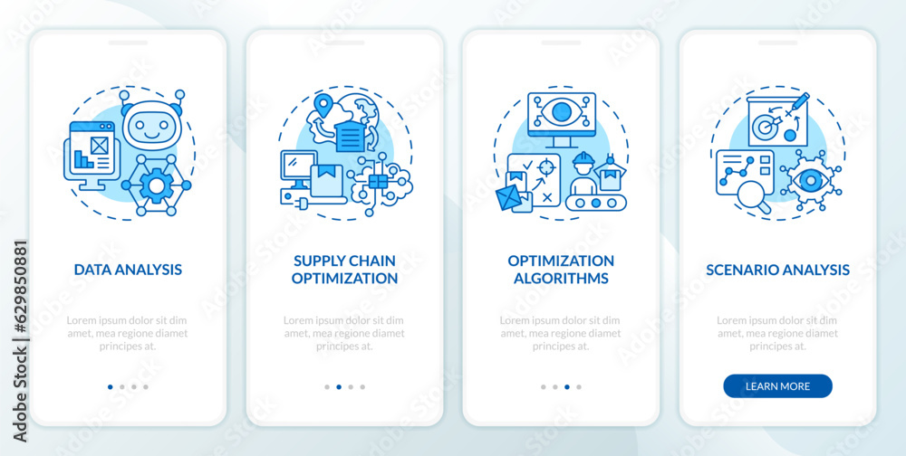 2D blue linear icons representing overproduction mobile app screen set. 4 steps graphic instructions, UI, UX, GUI template.