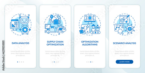 2D blue linear icons representing overproduction mobile app screen set. 4 steps graphic instructions, UI, UX, GUI template.