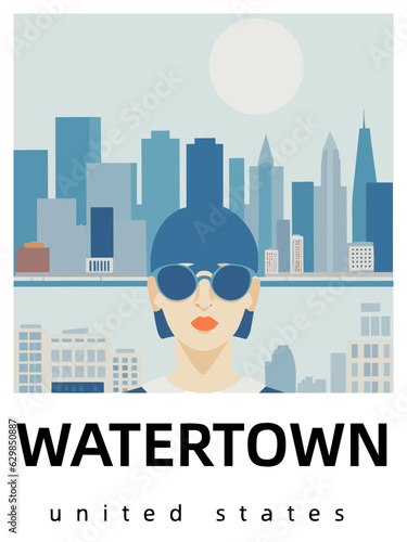 Watertown: Flat design tourism poster with a cityscape of Watertown (United States)