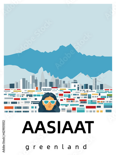 Aasiaat: Flat design tourism poster with a cityscape of Aasiaat (Greenland) photo