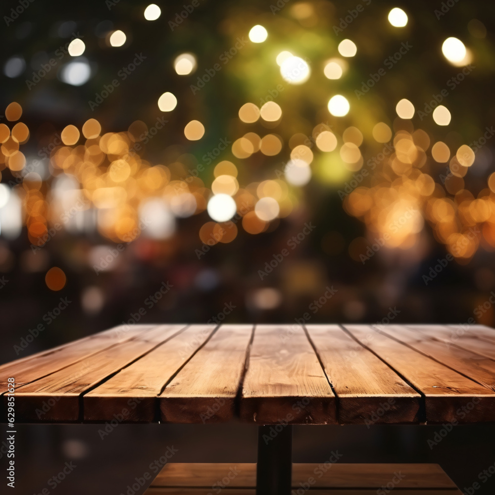 Empty Wooden Table - Bokeh Lights in an Outdoor Café Empty Wooden Table - Bokeh Lights in an Outdoor Café