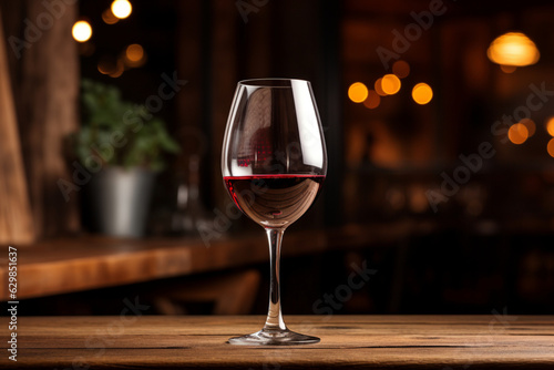 A glass goblet with aged red wine on a wooden bar. AI generation