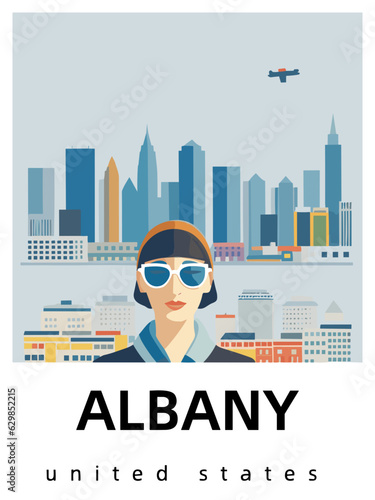 Albany: Flat design tourism poster with a cityscape of Albany (United States)