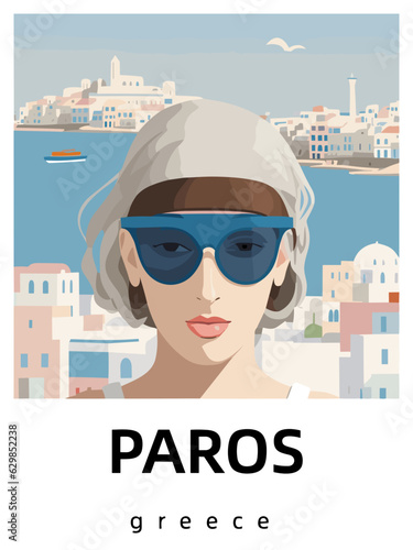 Paros: Flat design tourism poster with a cityscape of Paros (Greece)