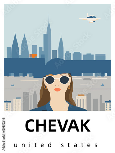 Chevak: Flat design tourism poster with a cityscape of Chevak (United States)