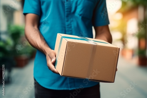 Man holding parcel for delivery to customer house. Ai generative. © Golden House Images