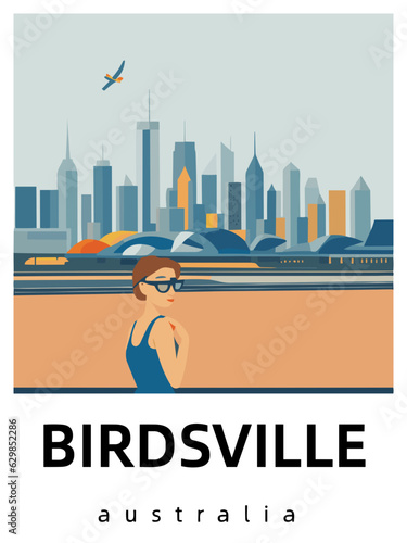 Birdsville: Flat design tourism poster with a cityscape of Birdsville (Australia) photo