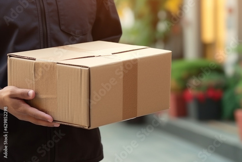 Man holding parcel for delivery to customer house. Ai generative.
