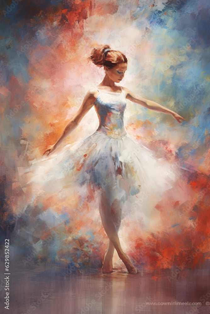 Ballerina dancing, painting style in vivid colors. AI generative, illustration.