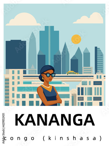 Kananga: Flat design tourism poster with a cityscape of Kananga (Congo (Kinshasa))