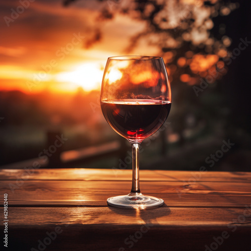 A glass of red wine on a wooden table on a terrace at sunset. AI generation