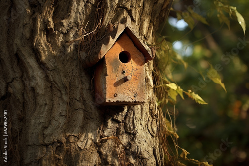 Photographie An image of a birdhouse in a tree trunk - Generative AI