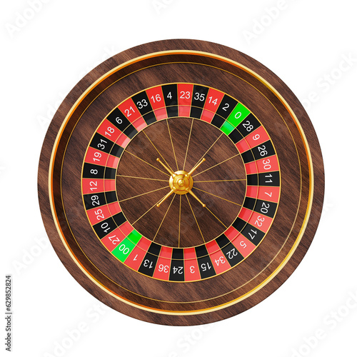 top view flat lay overhead american wood gold casino roulette wheel element isolated on white background. wood gold casino roulette wheel element isolated. wood gold casino roulette wheel 3d render