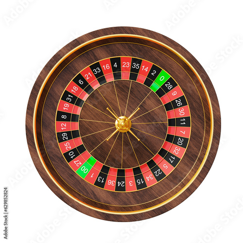 top view flat lay overhead american wood gold casino roulette wheel element isolated on white background. wood gold casino roulette wheel element isolated. wood gold casino roulette wheel 3d render photo