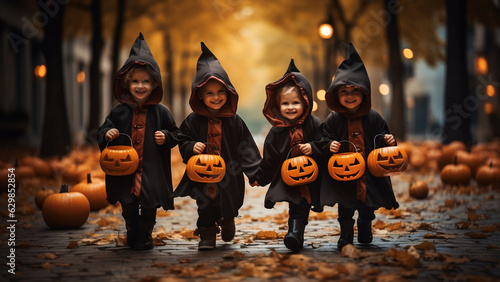 Kids trick or treat in Halloween costume holding pumpkin basket at street, generative AI