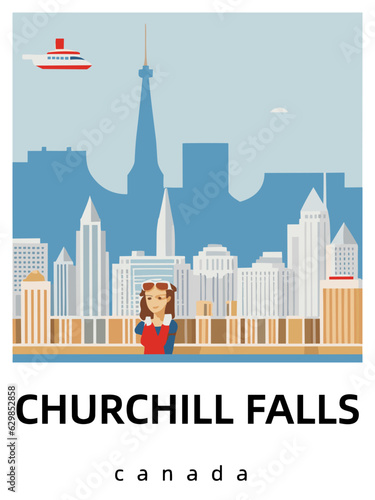 Churchill Falls: Flat design tourism poster with a cityscape of Churchill Falls (Canada)