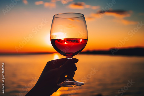 A glass of red wine, in hand, against the backdrop of sunset. AI generation