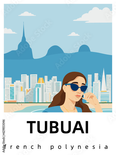 Tubuai: Flat design tourism poster with a cityscape of Tubuai (French Polynesia) photo