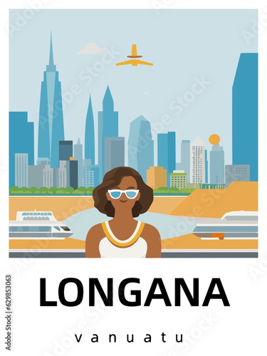 Longana: Flat design tourism poster with a cityscape of Longana (Vanuatu) photo