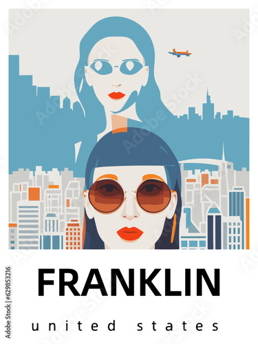 Franklin: Flat design tourism poster with a cityscape of Franklin (United States)