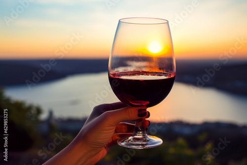 A glass of red wine, in hand, against the backdrop of sunset. AI generation