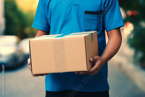 Man holding parcel for delivery to customer house. Ai generative. © Sawai Thong