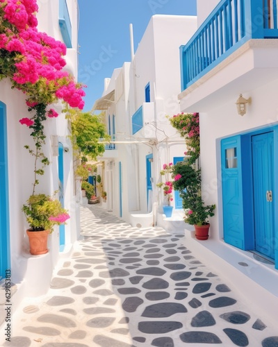 narrow street in a greek village with white houses and blue shutters - created using generative AI tools