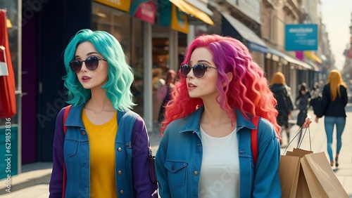 Female Friends Shopping Together Colorful Hair and Joyful Moments in 8K Resolution 