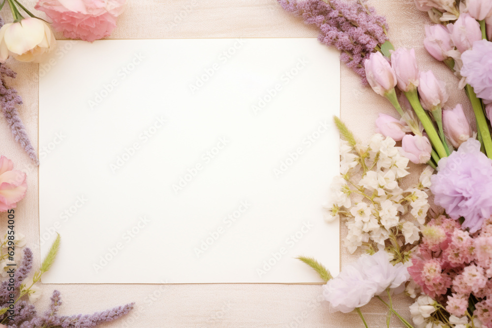 Blank paper and flowers on country background for printable art, paper, stationery and greeting card mockup