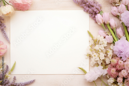 Blank paper and flowers on country background for printable art  paper  stationery and greeting card mockup