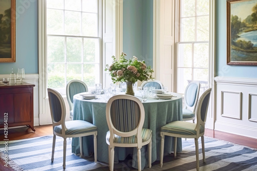 Dining room decor  interior design and house improvement  elegant table with chairs  furniture and classic blue home decor  country cottage style