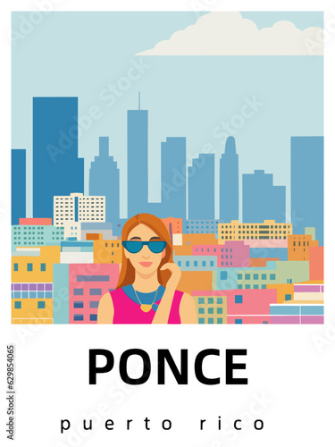 Ponce: Flat design tourism poster with a cityscape of Ponce (Puerto Rico)