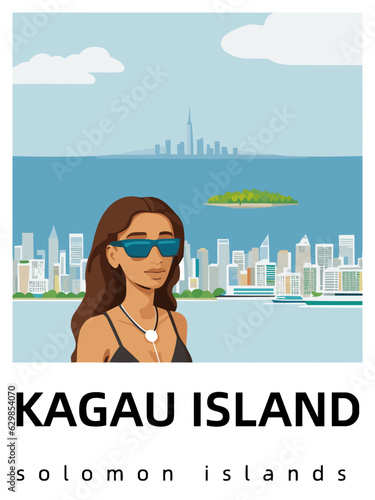 Kagau Island: Flat design tourism poster with a cityscape of Kagau Island (Solomon Islands)