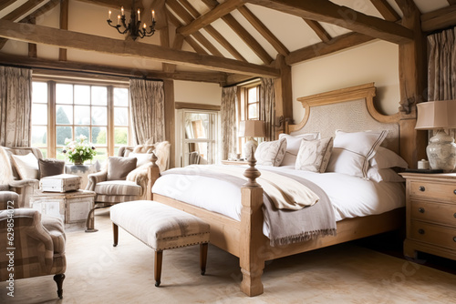 Bedroom decor, interior design and holiday rental, classic bed with elegant plush bedding and furniture, English country house and cottage style © Anneleven