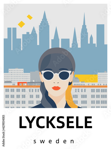 Lycksele: Flat design tourism poster with a cityscape of Lycksele (Sweden) photo