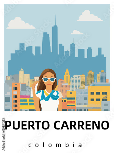 Puerto Carreno: Flat design tourism poster with a cityscape of Puerto Carreno (Colombia) photo