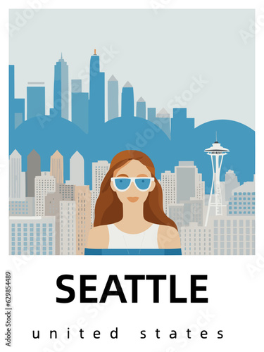 Seattle: Flat design tourism poster with a cityscape of Seattle (United States)
