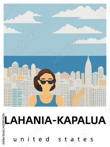 Lahania-kapalua: Flat design tourism poster with a cityscape of Lahania-kapalua (United States)