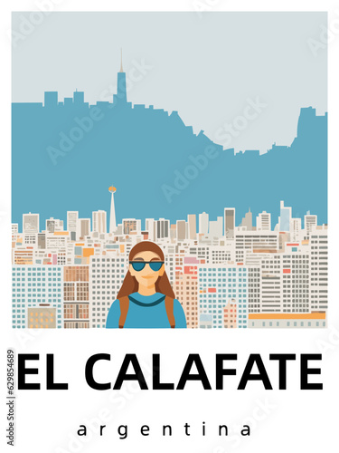 El Calafate: Flat design tourism poster with a cityscape of El Calafate (Argentina)