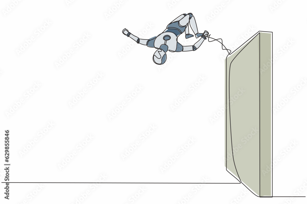 Single continuous line drawing robot jumping over brick wall with ...