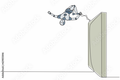 Single continuous line drawing robot jumping over brick wall with acrobatic style. Modern robotic artificial intelligence. Electronic technology industry. One line graphic design vector illustration